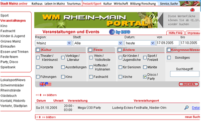 Sucht man auf der offiziellen Mainzer Seite mainz.de nach Party im Zeitraum von 1Monat, findet sich genau ein Treffer..
